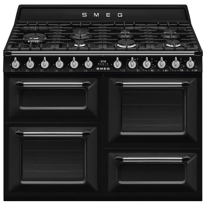 Smeg TR4110BL1 Cucina a Gas con Forno Elettrico Multifunzione Termoventilato + Ventilato Estetica Victoria 7 Fuochi Griglie in Ghisa Classe energetica A Vapor Clean 110x60 cm Nero