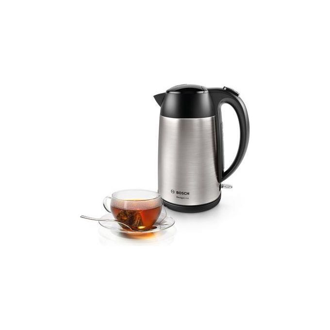 Bosch TWK3P420 – Bollitore elettrico 1,7 L, potenza 2400 W, corpo in acciaio inox e plastica, sistema di sicurezza con spegnimento automatico, apertura facilitata, colore Nero-Acciaio Inox