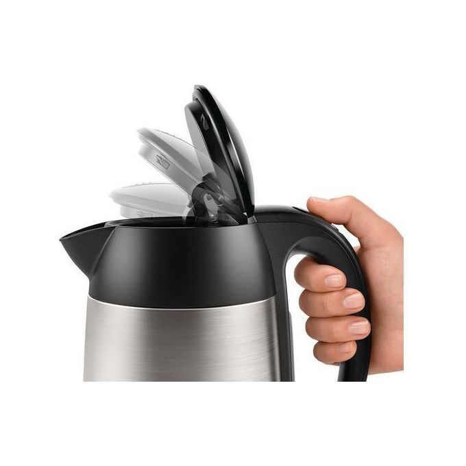 Bosch TWK3P420 – Bollitore elettrico 1,7 L, potenza 2400 W, corpo in acciaio inox e plastica, sistema di sicurezza con spegnimento automatico, apertura facilitata, colore Nero-Acciaio Inox