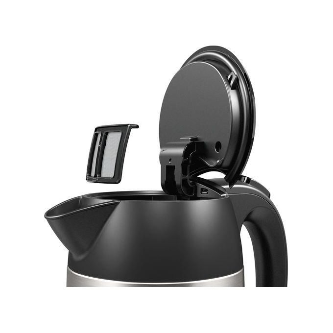 Bosch TWK3P420 – Bollitore elettrico 1,7 L, potenza 2400 W, corpo in acciaio inox e plastica, sistema di sicurezza con spegnimento automatico, apertura facilitata, colore Nero-Acciaio Inox