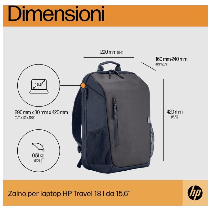 HP Zaino per Laptop da 15.6'' Travel 18 Litri Iron Grey