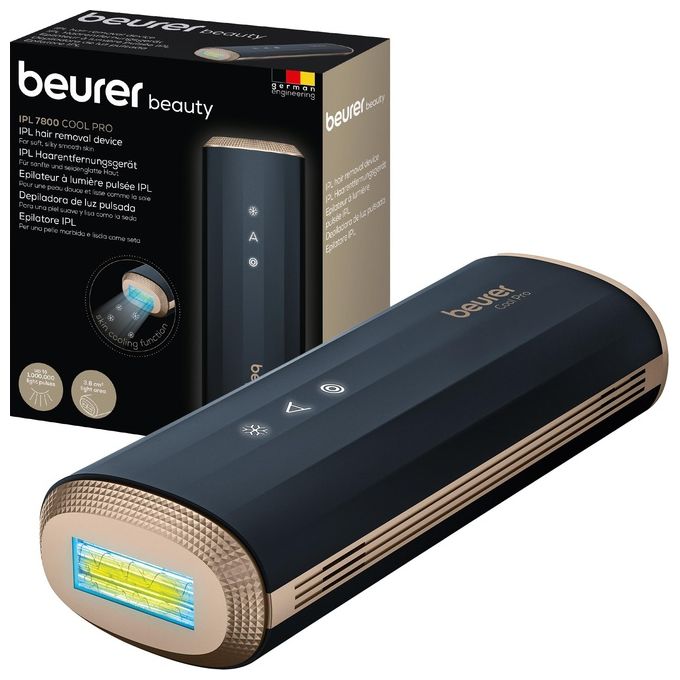 Beurer IPL 7800 Cool Pro - Epilatore luce pulsata IPL, 5 livelli energetici, superficie flash 3,8 cm², modalita' Auto-Flash + raffreddamento, 1 000 000 flash, sensore contatto pelle, raffreddamento integrato, Alimentazione a rete, Nero-Oro