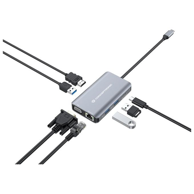 Conceptronic DONN21G Replicatore di Porte e Docking Station per Laptop Cablato USB 3.2 Gen 1 Type-C Grigio