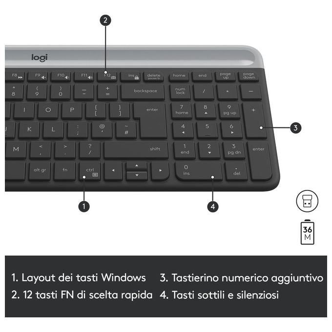 Logitech 920-009196 MK470 Kit Tastiera e Mouse Wireless Full-size QWERTY Italiano 1000 DPI colore Grafite