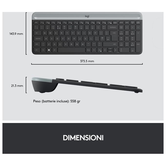 Logitech 920-009196 MK470 Kit Tastiera e Mouse Wireless Full-size QWERTY Italiano 1000 DPI colore Grafite