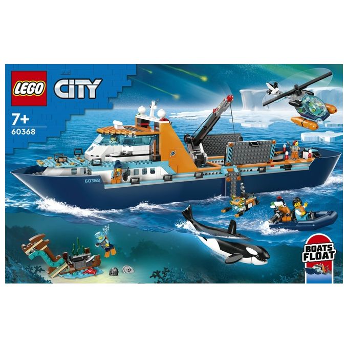 LEGO City 60368 Esploratore Artico, Grande Nave Giocattolo Galleggiante con Elicottero, Gommone, Sottomarino e Relitto Barca