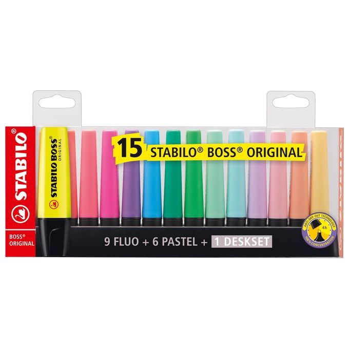 Evidenziatore - STABILO BOSS ORIGINAL Desk-Set - 15 Colori assortiti 9 Neon + 6 Pastel