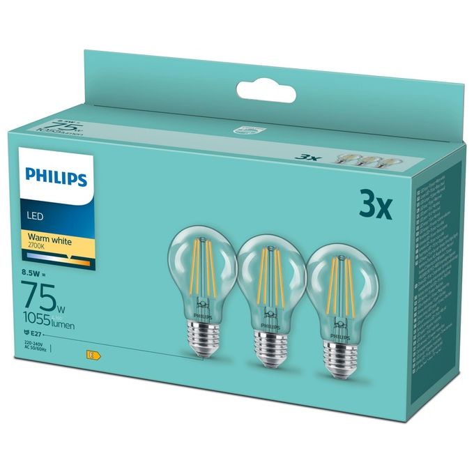 Philips 929002025493 Filament Lampadina LED Goccia A60 E27 8.5 W 75 W 1055 lm 2700 K Bianco Caldo colore Trasparente