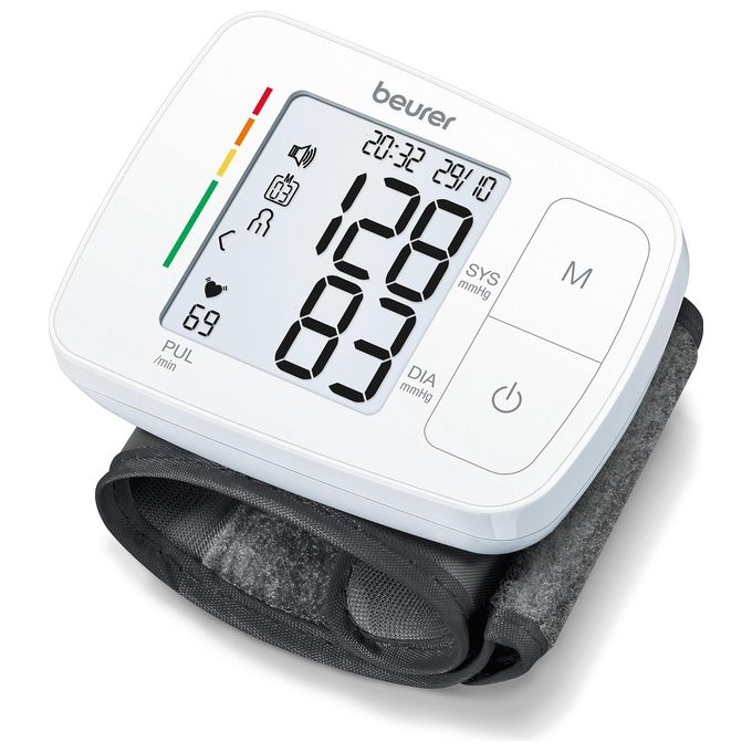 Beurer BC 21 - Misuratore di pressione da polso parlante, oscillometrico, display LCD, 2 × 60 memorie, rilevazione aritmie, indicatore OMS, alimentazione a batterie AAA, custodia inclusa, Bianco