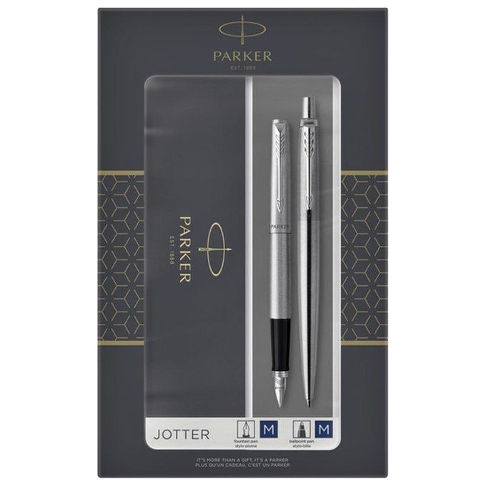 Parker Jotter Duo Set con Penna a Sfera e Penna Stilografica in Acciaio Inossidabile con Finiture Cromate