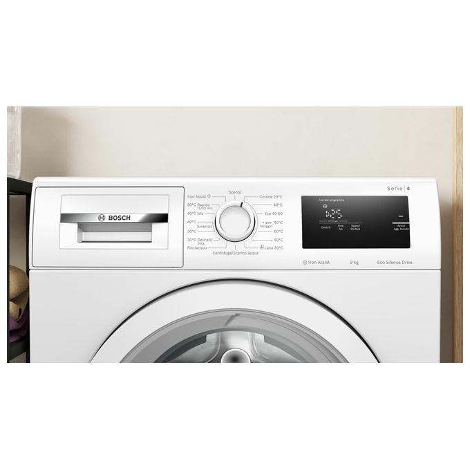 Bosch WAN24009II Serie 4 – Lavatrice a carica frontale da libera installazione 9 kg, 1200 rpm, Classe A, Iron Assist, EcoSilence Drive, ActiveWater Plus, (84,5x59,8x59,0 cm), Bianco