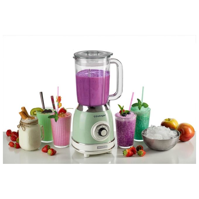 Ariete frullatore vintage 583, tazza in vetro 1,5 litri, 1000w, 4 lame acciaio inox, 4 velocita' e pulse, tritaghiaccio, verde