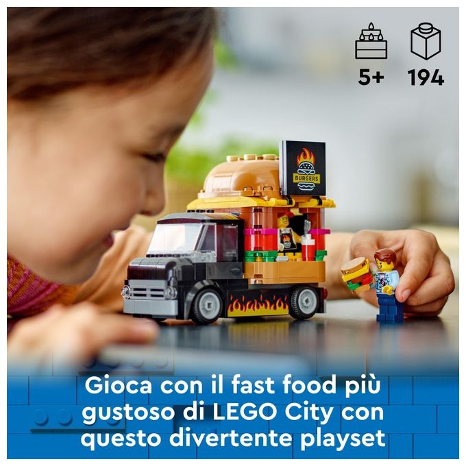 LEGO City 60404 Furgone degli Hamburger Giocattolo, Veicolo per Bambini 5+ Anni, Camion Food Truck con Accessori e 2 Minifigure