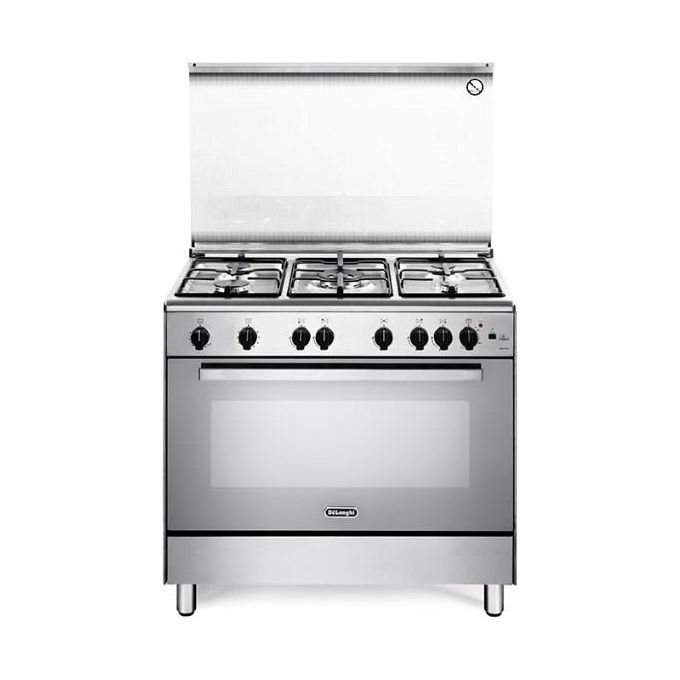 DeLonghi DGVX 96 ED Cucina a Gas con Forno a Gas Linea Design 5 Fuochi con Bruciatore Doppia Corona Classe energetica A 6 Funzioni 90x60 cm Acciaio Inox
