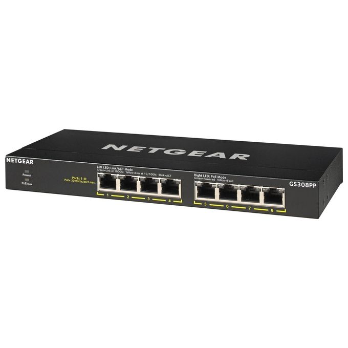 Netgear GS308PP Switch Non Gestito Gigabit Ethernet 10-100-1000 Nero Supporto Power Over Ethernet