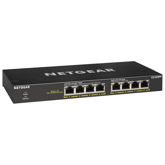 Netgear GS308PP Switch Non Gestito Gigabit Ethernet 10-100-1000 Nero Supporto Power Over Ethernet