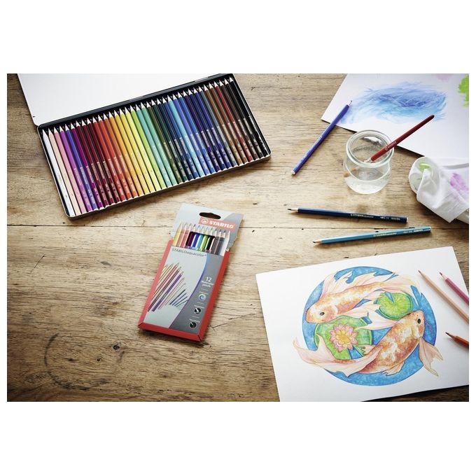 Matita colorata acquarellabile - STABILOaquacolor - Scatola in Metallo da 12 - Colori assortiti