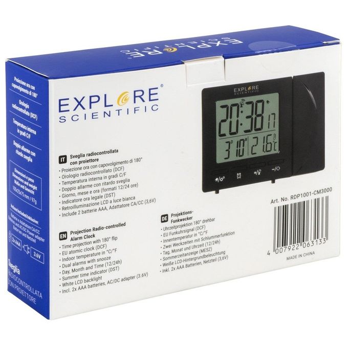 Explore Rdp-1001 Orologio Sveglia Radiocontrollato Calendario Proiezione Temperatura Nero