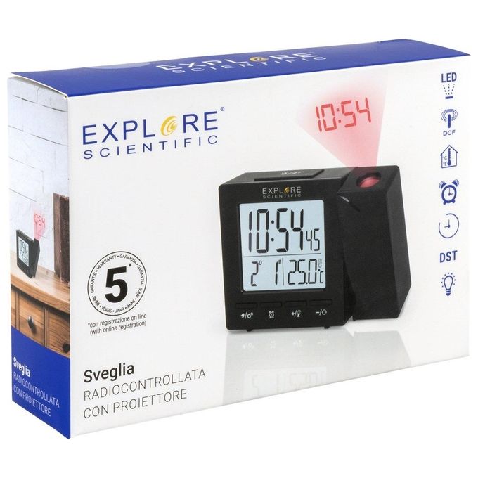 Explore Rdp-1001 Orologio Sveglia Radiocontrollato Calendario Proiezione Temperatura Nero
