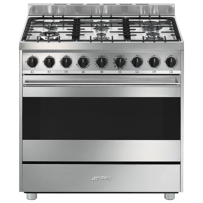 Smeg B91GMXI9 Cucina a Gas con Forno Elettrico Multifunzione Termoventilato Estetica Mista 6 Fuochi Griglie in Ghisa Classe energetica A Vapor Clean 90x60 cm Acciaio Inox