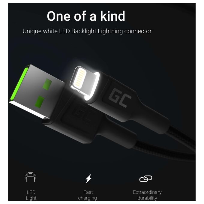 Green Cell Ray LED 1.2mt Cavo Nylon Lightning