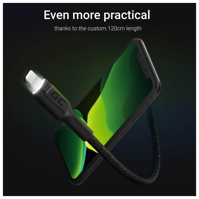 Green Cell Ray LED 1.2mt Cavo Nylon Lightning