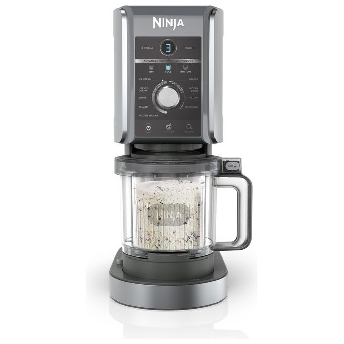 Ninja CREAMi Deluxe NC501EU - Gelatiera turbina elettrica con compressore, capacita' 2,1 L, potenza 800 W, 3 vaschette da 709 ml, 10 programmi (gelato, sorbetto, frappé…), funzione CREAMify, timer digitale, pezzi lavabili in lavastoviglie, Nero-Grigio
