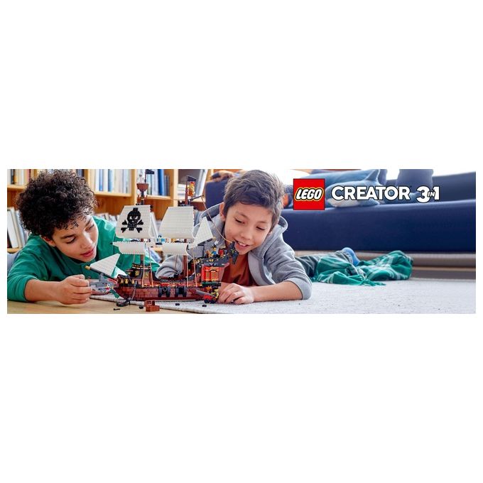 LEGO Creator 31109 Galeone dei Pirati, Set 3 in 1 con Nave Giocattolo, Locanda e Isola del Teschio, Minifigure e Squalo