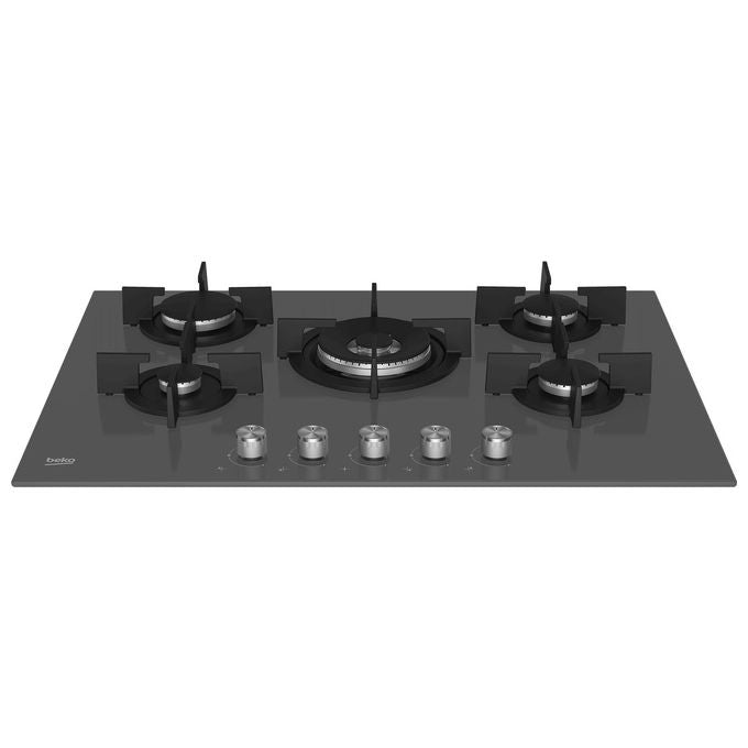 Beko HILW75222SZG Piano Cottura a Gas in Vetroceramica 5 Fuochi 1 Bruciatore Wok Griglia in Ghisa 75 cm Grigio Pietra