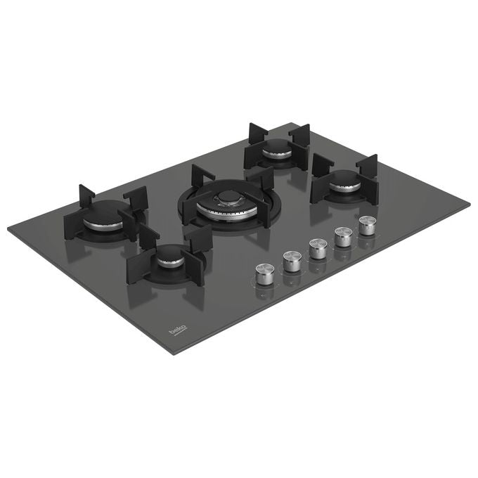 Beko HILW75222SZG Piano Cottura a Gas in Vetroceramica 5 Fuochi 1 Bruciatore Wok Griglia in Ghisa 75 cm Grigio Pietra