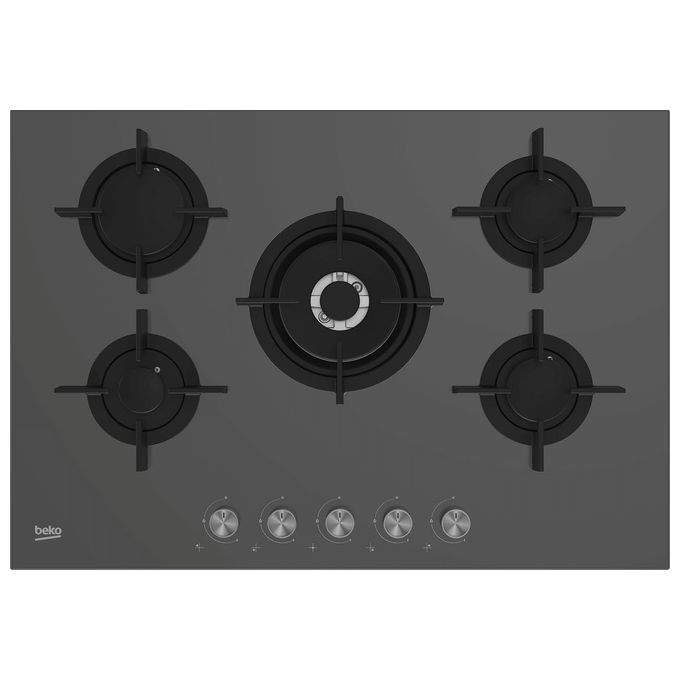 Beko HILW75222SZG Piano Cottura a Gas in Vetroceramica 5 Fuochi 1 Bruciatore Wok Griglia in Ghisa 75 cm Grigio Pietra