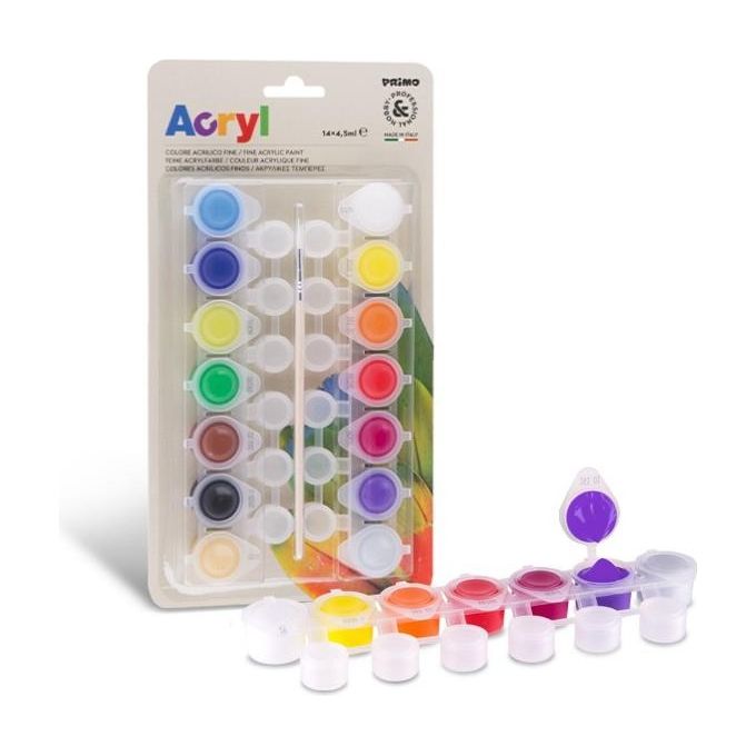Primo Confezione 14 Colori Acrilici 4ml con Pennelli