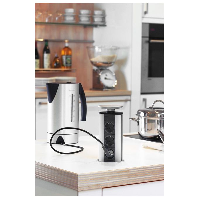 EVOline 1593 1002 1600 Port Torretta da Incasso a Scomparsa 3 Prese Schuko 16A Cavo 3 m colore Nero Acciaio Inox
