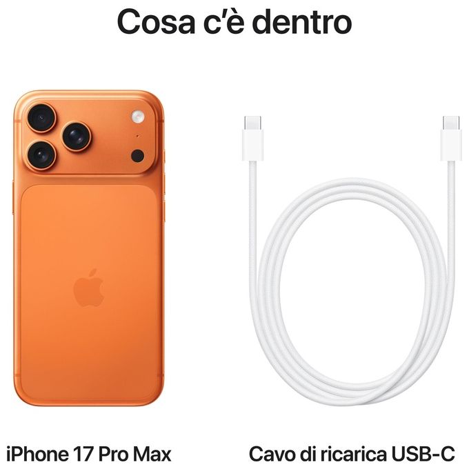 Apple MFYT4QL-A iPhone 17 Pro Max Smartphone 6.9'' A19 Pro 512GB 5G Wi-Fi 7 Tripla fotocamera 48MP iOS 26 colore Arancione Cosmico