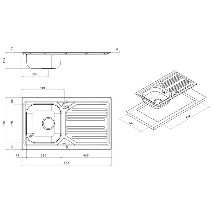 Apell TM861IRBC Serie Atmosfera Lavello Acciaio Prelucidato da Incasso Gocciolatoio a Destra 1 Vasca 86x50cm