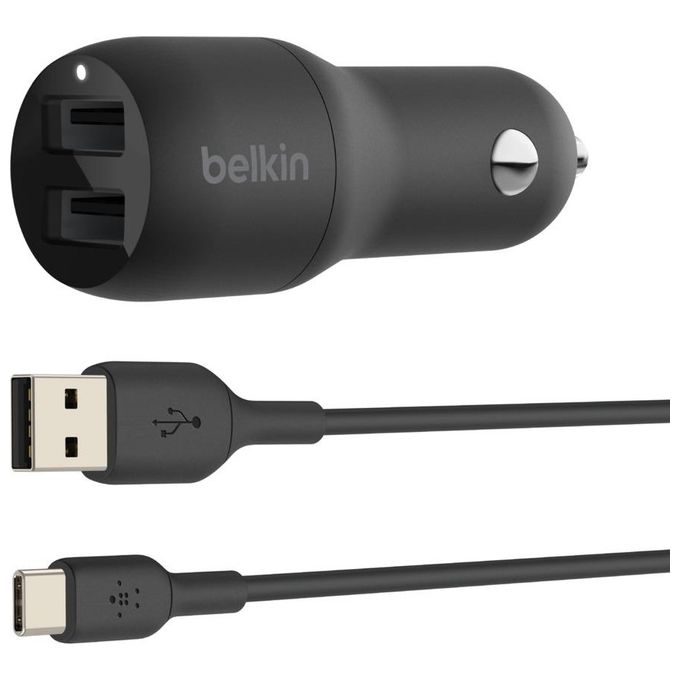 Belkin Boost Charge Doppio Caricabatteria da Auto Usb da 24W con Cavo da Usb-A a Usb-C Nero