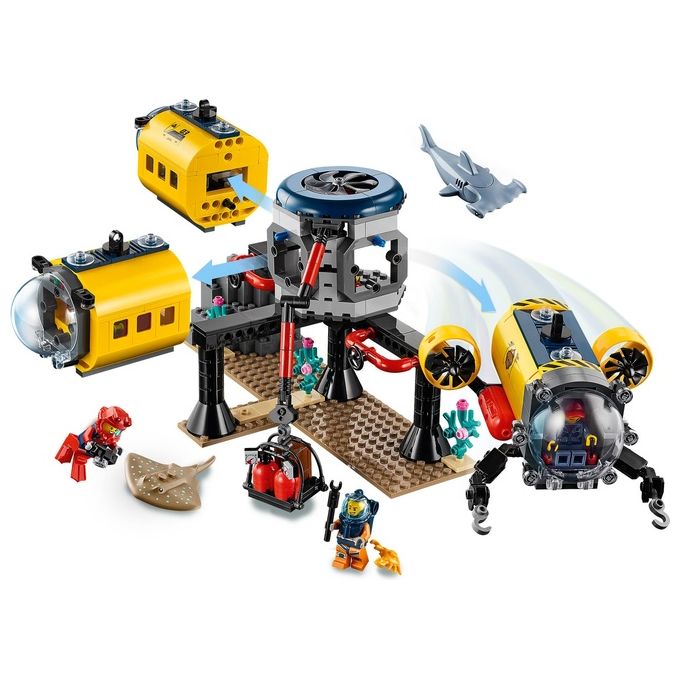 LEGO 60265 City Base per Esplorazioni Oceaniche, Sottomarino Giocattolo, Animali Marini Squalo e Manta, Giochi per Bambini dai 6 Anni in su