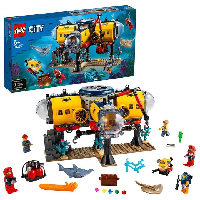LEGO 60265 City Base per Esplorazioni Oceaniche, Sottomarino Giocattolo, Animali Marini Squalo e Manta, Giochi per Bambini dai 6 Anni in su