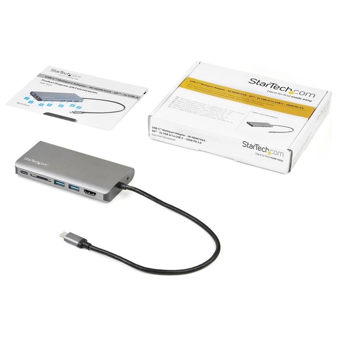 Startech.com Adattatore Multiporta Usb-C Hdmi-Vga Pd Sd Ethernet Audio e Microfono Cavo Integrato da 30Cm Mini Dock Usb-c