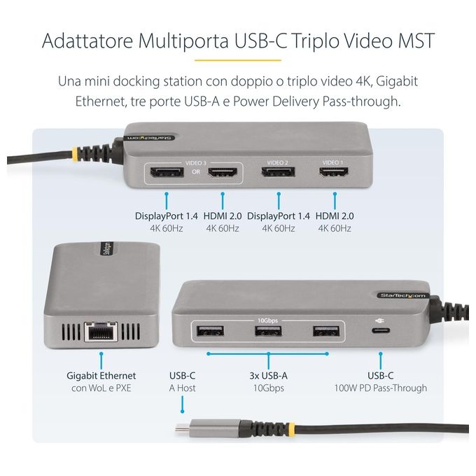 StarTech.com Adattatore Multiporta USB-C Docking Station USB Type-C 2x 4K30Hz  HDMI e DisplayPort 4K 60Hz Hub USB a 3 Porte 10Gbps
