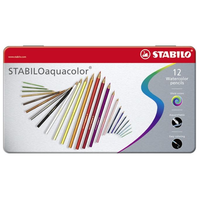 Matita colorata acquarellabile - STABILOaquacolor - Scatola in Metallo da 12 - Colori assortiti