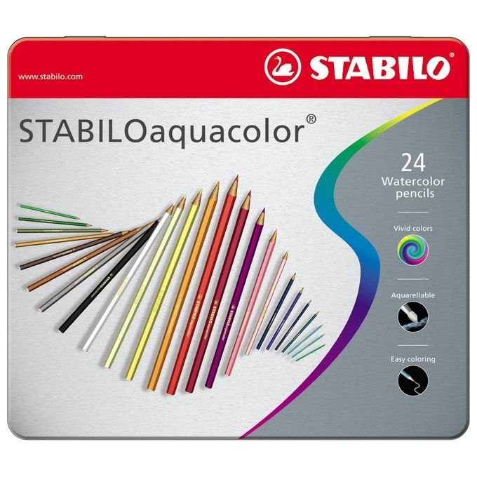 Matita colorata acquarellabile - STABILOaquacolor - Scatola in Metallo da 24 - Colori assortiti