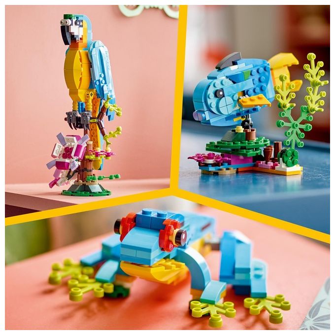 LEGO Creator 31136 Pappagallo Esotico 31136-LEGO Set 3 in 1 con Pesce e Rana Animali Giocattolo Giochi Creativi per Bambini da 7 Anni
