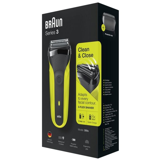 Braun Series 3 300 Rasoio Elettrico Uomo con 3 Lame Flessibili Ricaricabile e senza Fili Nero-Verde