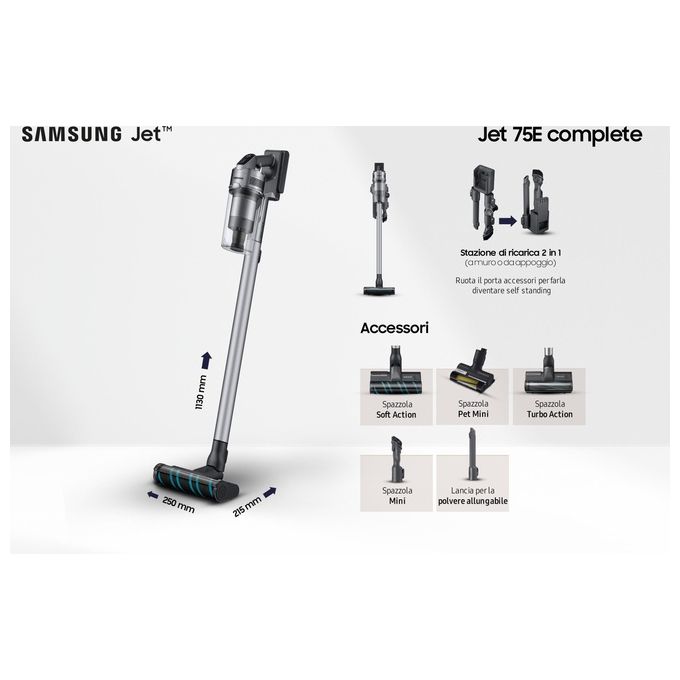 Samsung VS20B75ACR5-WA Scopa Elettrica senza Filo Aspirapolvere senza Sacco Ciclonica Potenza 200 Watt colore Argento
