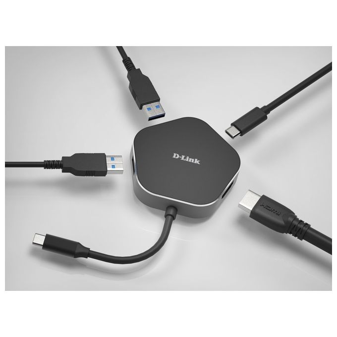 D-Link DUB-M420 Hub USB di tipo C, 4 in 1, adattatore USB C con HDMI 4K e 1080p, 2 porte USB3.0-USB2.0, 1 Porta USB C di Ricarica fino a 60 W e Dati