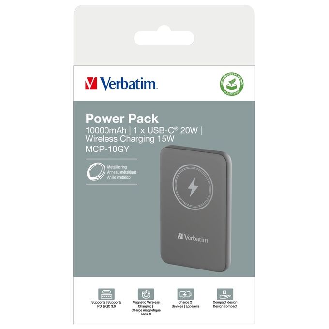 Verbatim Charge 'n' Go Polimeri di Litio 10000 Mah Carica Wireless Grigio