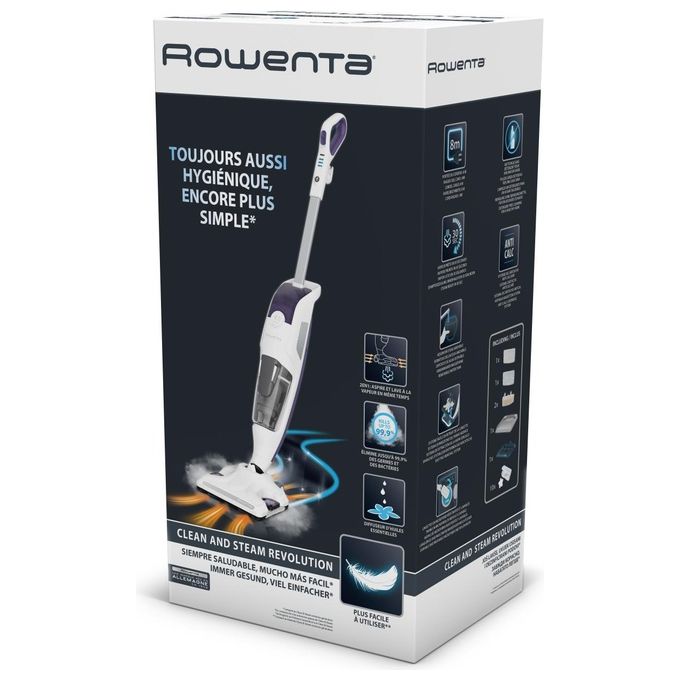 Rowenta Clean and Steam Revolution RY7731WH - Pulitore a vapore scopa-multifunzione, capacita' 0,47 L, 1500 W, pressione barica efficace, autonomia 30 min, aspirazione + vapore 2‑in‑1, rumore 83 dB, Bianco-Viola