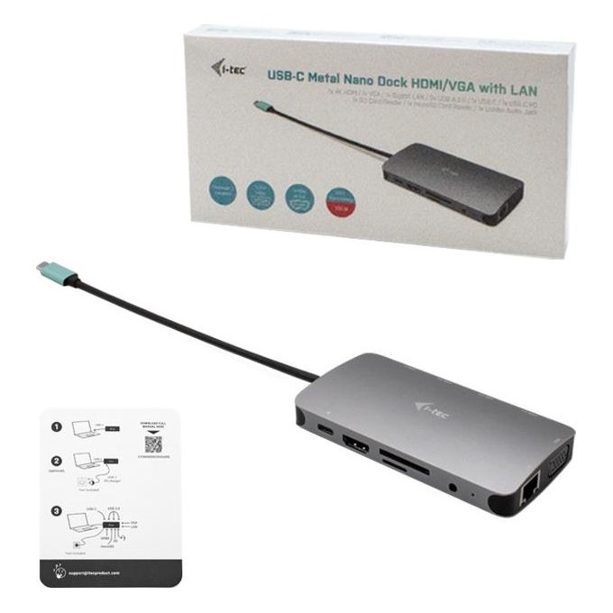 I-Tec USB-C Metal Nano Dock HDMI-VGA with LAN  Charger 112W
