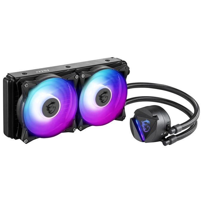 MSI MAG CORELIQUID 240R V2 Dissipatore CPU a liquido da 240mm ARGB, 2 ventole PWM 120mm, compatibile Intel 1700 e AMD, fino a 70.000 ore di utilizzo, testata con logo rotabile, Mystic Light